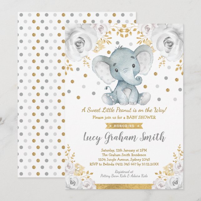 Neutral Elephant Baby Shower Gold Gray Floral Invitation (Front/Back)