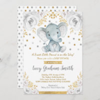 Neutral Elephant Baby Shower Gold Gray Floral Invitation