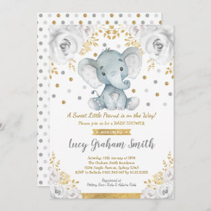 Neutral Elephant Baby Shower Gold Gray Floral Invitation