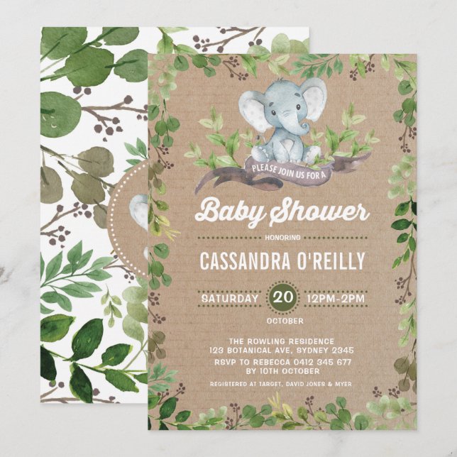 Neutral Elephant Baby Shower Greenery Invitation (Front/Back)