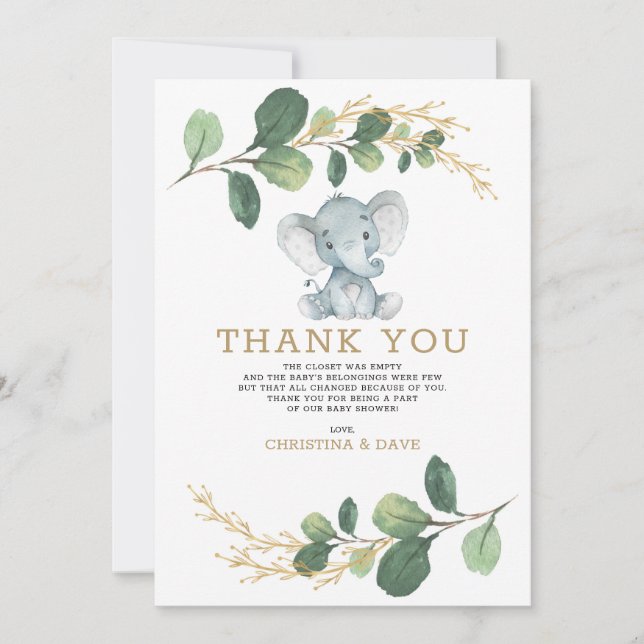 Neutral Elephant Botanical Greenery Baby Shower Thank You Card (Front)