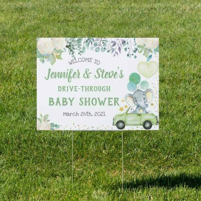 Neutral Elephant Drive Through Baby Shower Parade Sign (Insitu)