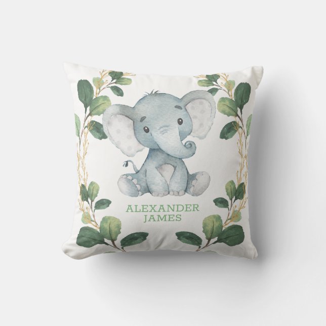 Neutral Elephant Greenery Gold Wild Jungle Nursery Throw Pillow (Front)