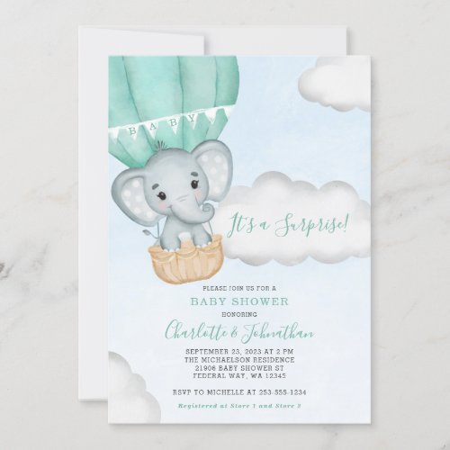 Neutral Elephant Mint Green Baby Shower Invitation