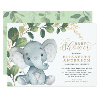 Neutral Elephant Soft Greenery Gold Baby Shower Invitation