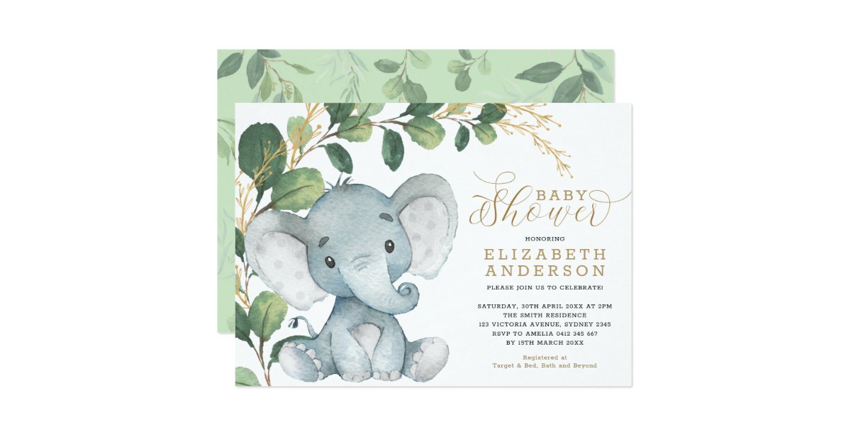 Neutral Elephant Soft Greenery Gold Baby Shower Invitation