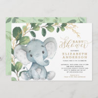 Neutral Elephant Soft Greenery Gold Baby Shower Invitation