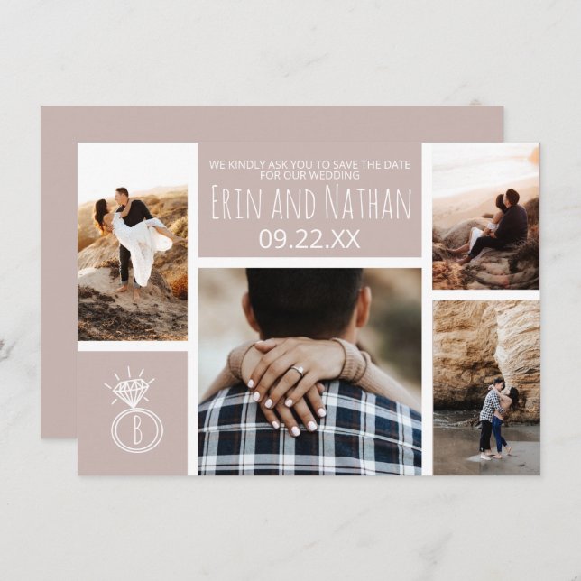 Neutral Engagement Ring Photo Save the Date Invitation (Front/Back)