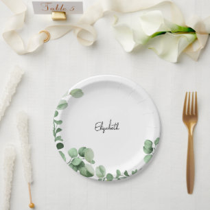 Neutral Eucalyptus Personalized Shower Paper Plate
