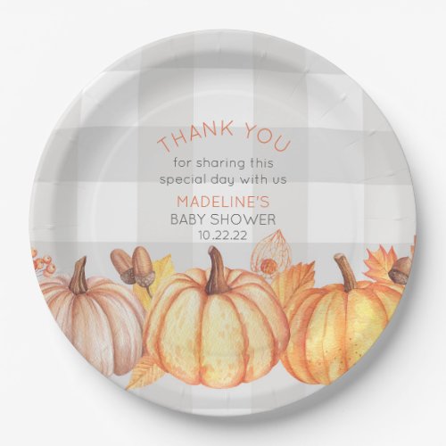 Neutral fall pumpkin baby shower table decor paper plates