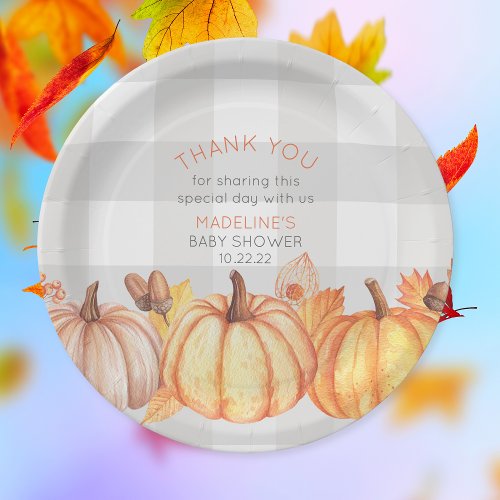 Neutral fall pumpkin baby shower table decor paper plates