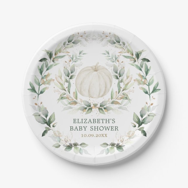 Neutral Fall Pumpkin Greenery Gold Baby Shower Paper Plates (Front)