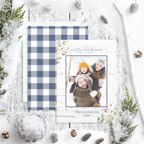 Neutral Farmhouse Merry Christmas Navy Plaid Photo Holiday Card