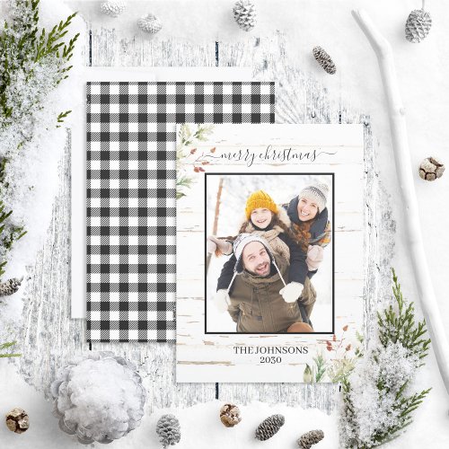 Neutral Farmhouse Merry Christmas Plaid Photo Holiday Card