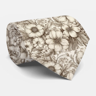 Neutral Farmhouse Sepia Floral Cream Botanical Neck Tie