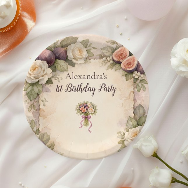 Neutral Fig Floral 1st Birthday Paper Plates (Creator Uploaded)