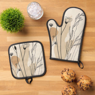 Neutral Flora Oven Mitt & Pot Holder Set