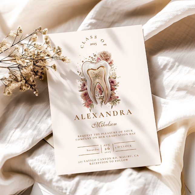 Neutral Floral Anatomy Tooth Dentist Graduation Invitation (Creator Uploaded)