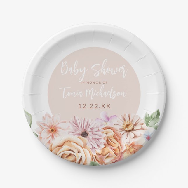 Neutral Floral Baby Shower Paper Plates (Front)