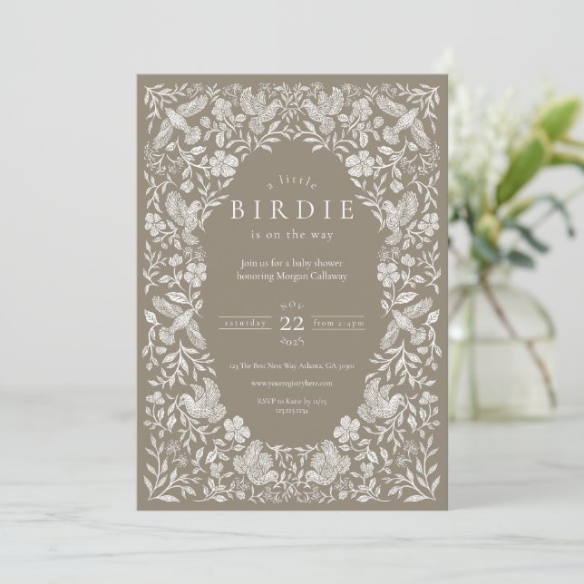 Neutral Floral Birdie Baby Shower Invitation (Standing Front)