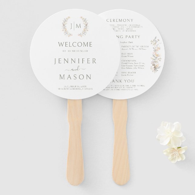 Neutral Floral Blush Monogram Wedding Program Hand Fan (Front and Back)