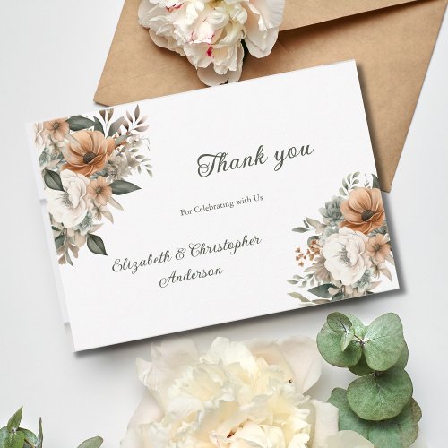 Neutral Floral Botanical Beige Greenery Wedding Thank You Card