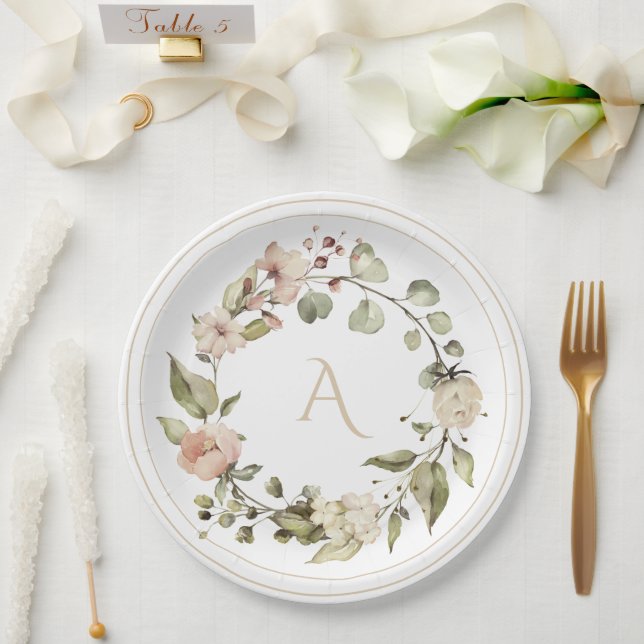 Neutral Floral Botanical Monogram Wedding Elegant Paper Plates (Wedding)