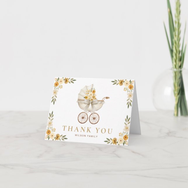 Neutral Floral Carriage Baby Shower Thank You (Front)