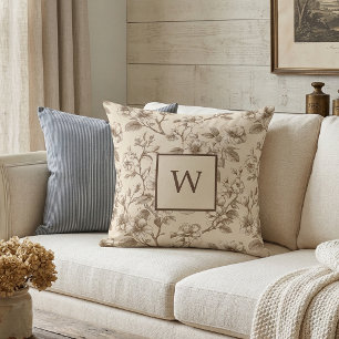 Neutral Floral Monogram Vintage Throw Pillow