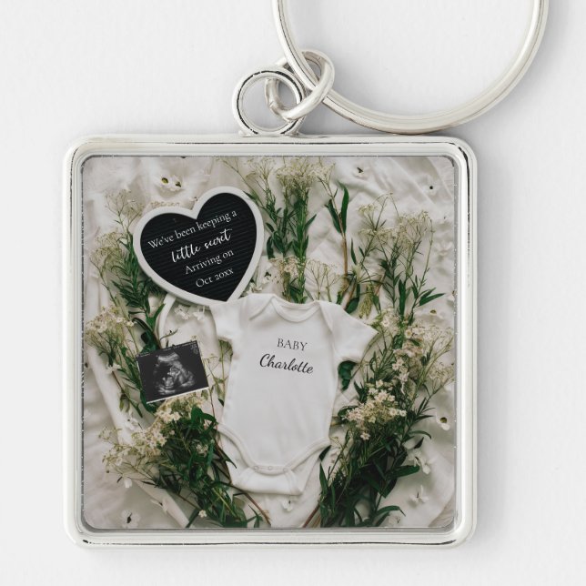 Neutral Floral Pregnancy Announcement keepsake  Keychain (Front)