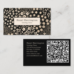 Neutral Floral QR Code Business Card Black Beige