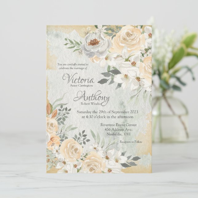 Neutral Floral Script Wedding Invitation (Standing Front)