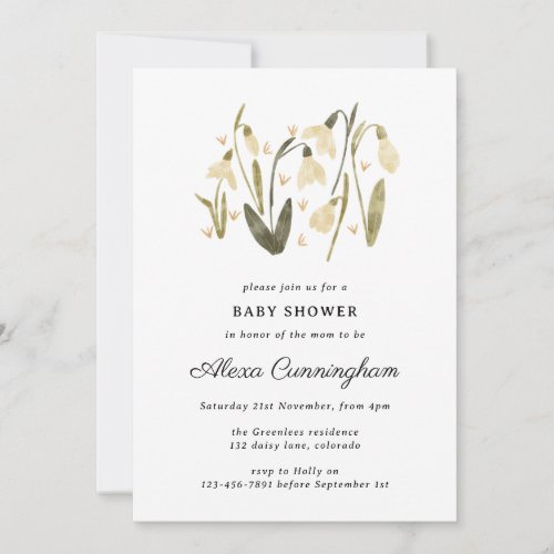 Neutral floral snowdrop beautiful baby shower invitation