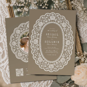 Neutral Floral Vintage Lace Classic Wedding Invitation