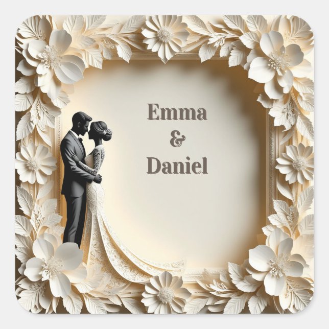 🤍 Neutral Floral Wedding Couple Invitation Theme  Square Sticker (Front)