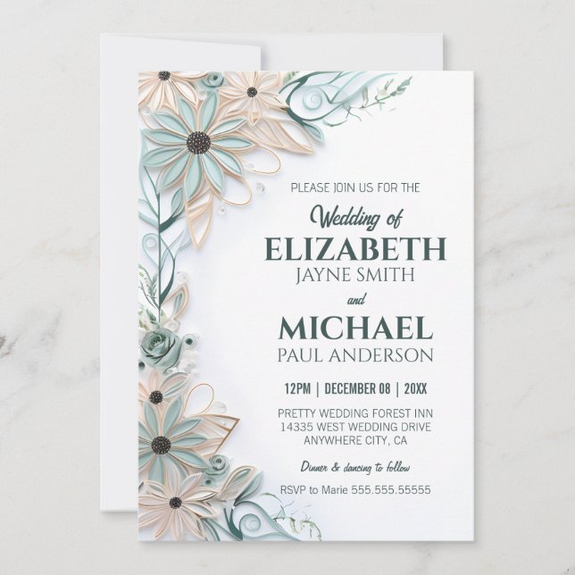 Neutral Floral Wedding Paper Quilling Simulation Invitation (Front)