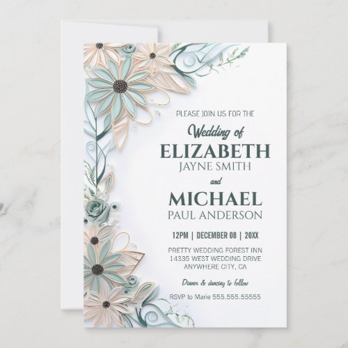 Neutral Floral Wedding Paper Quilling Simulation Invitation