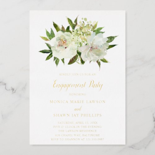  Neutral Floral White Ivory Engagement Party Gold Foil Invitation