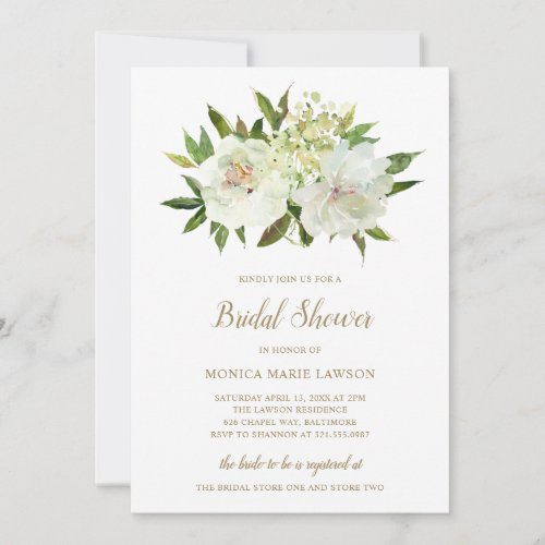 Neutral Floral White Ivory Gold Bridal Shower Invitation