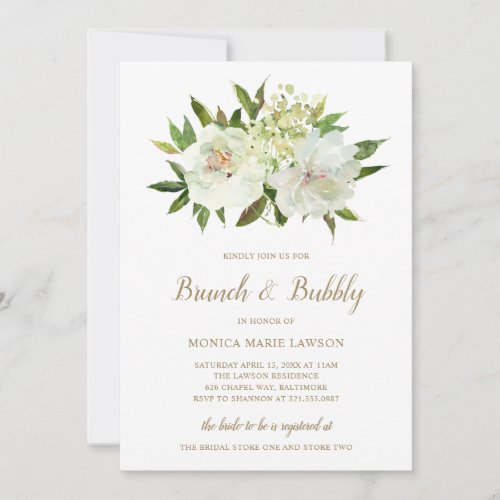 Neutral Floral White Ivory Gold Brunch and Bubbly Invitation