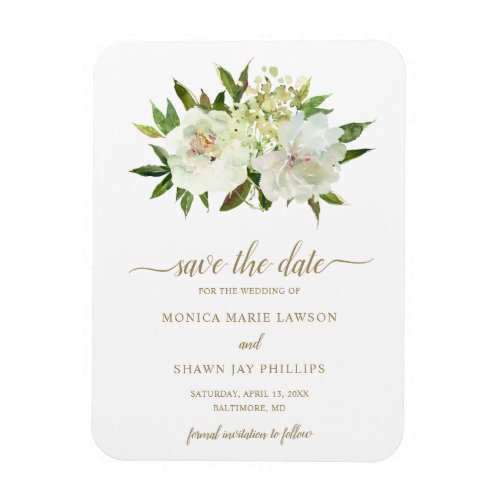 Neutral Floral White Ivory Gold Save the Date Magnet