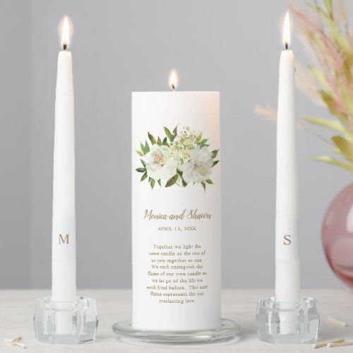 Neutral Floral White Ivory Gold Wedding Unity Candle Set