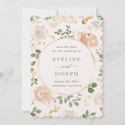 Neutral Floral with Gold  Photo Back Wedding Save The Date