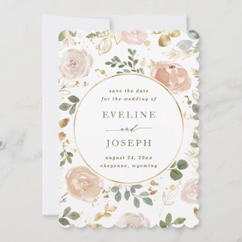 Neutral Floral with Gold  Photo Back Wedding Save The Date