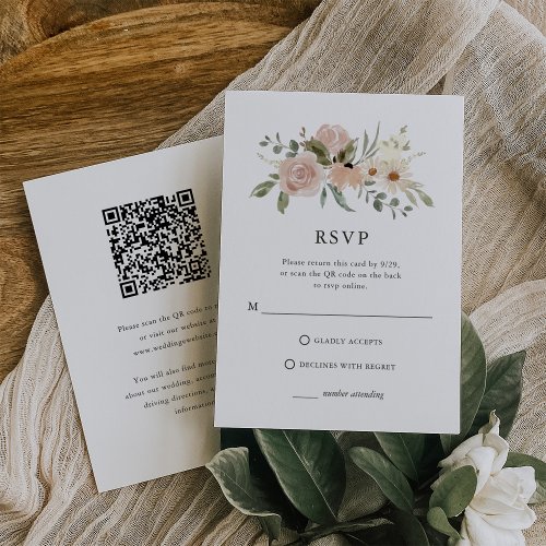 Neutral Flowers  Combo QR Code and Traditional  RSVP Card