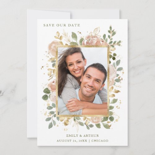 Neutral Flowers on White  Gold Photo Frame Save The Date