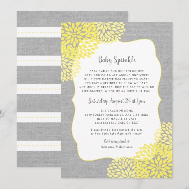 Neutral Gender Baby Sprinkle invite, yellow gray Invitation (Front/Back)