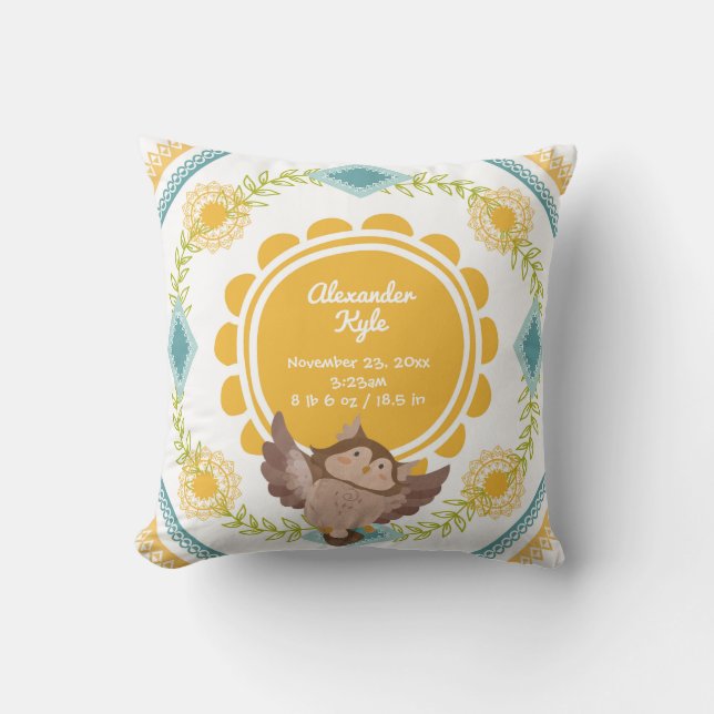 NEUTRAL Gender Birth Stats Baby woodland owl Throw Pillow (Front)