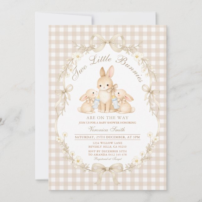 Neutral Gingham Bunnies Twins Baby Shower Invitation (Front)
