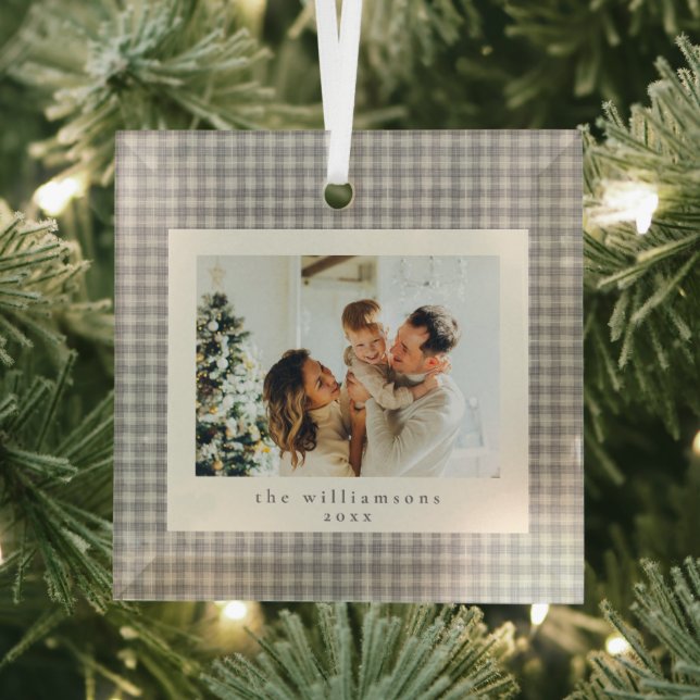 Neutral Gingham Family Photo Keepsake Christmas Glass Ornament (Insitu)